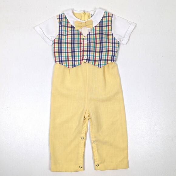 Vintage New Goodies Outfit Boys Size 24m Yellow Vest Suit Plaid - Picture 1 of 7